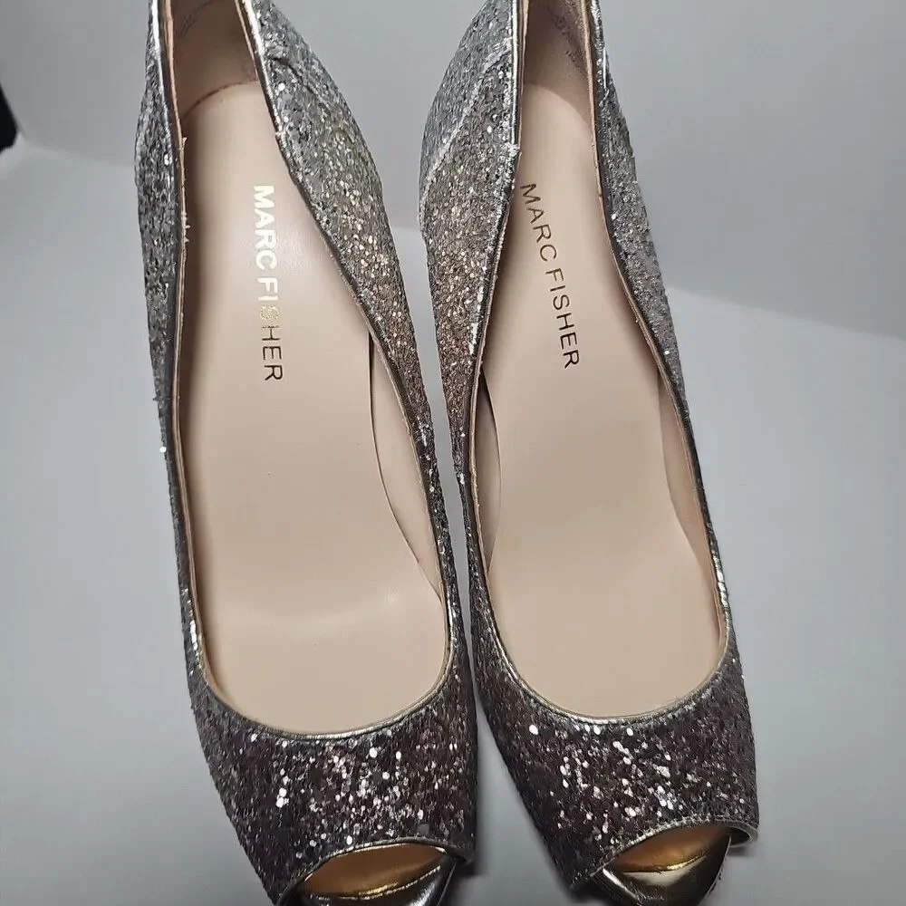 Women's Marc Fisher Peep Toe Metallic Glitter Sparkle Gold Silver Heels Pumps 7M